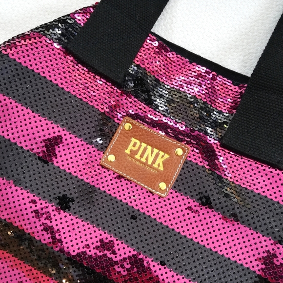 VS PINK Bling Stripe Tote Bag Logo Patch sequins - Picture 3 of 10